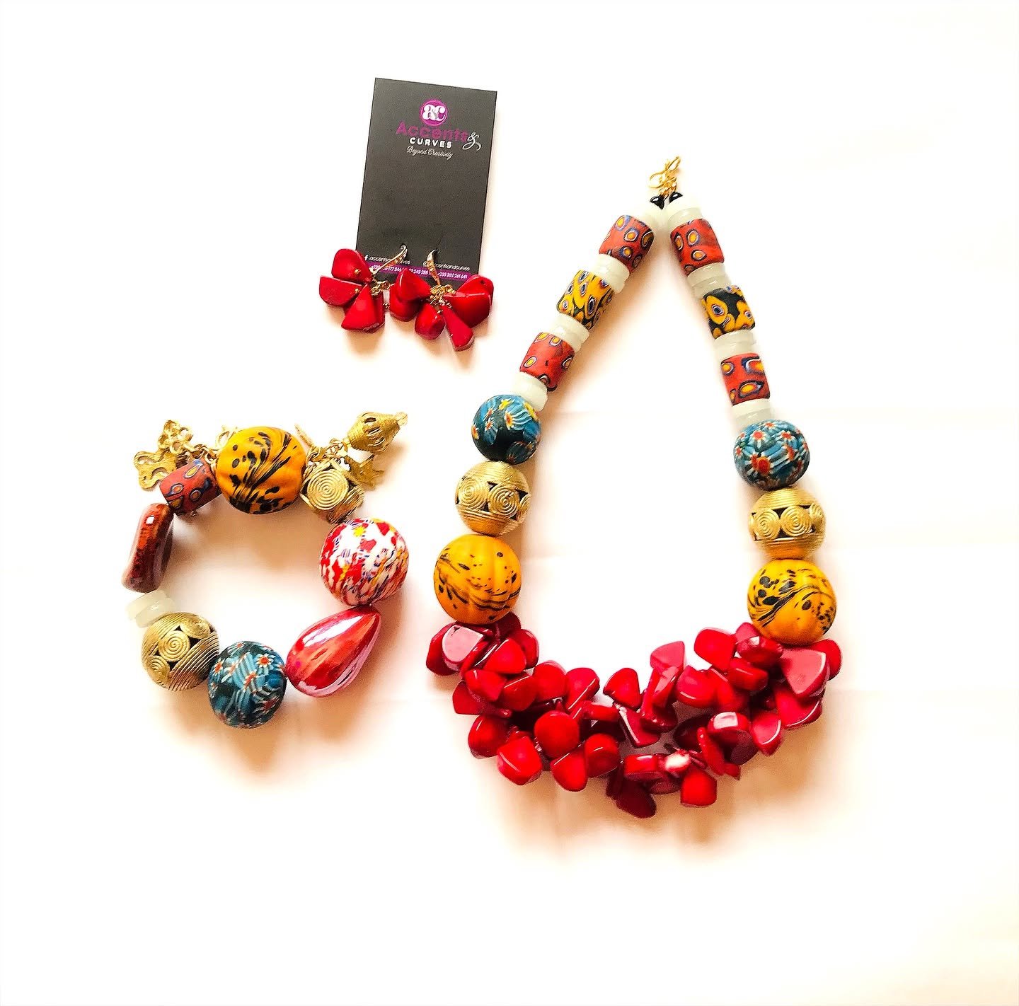 Handcrafted statement necklace, bracelet and earrings